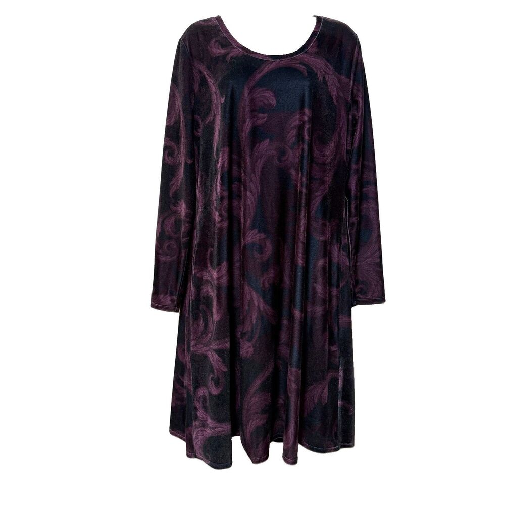 Soft Surroundings Womens XL Velvet Dress Purple Black Baroque Print Long Sleeve